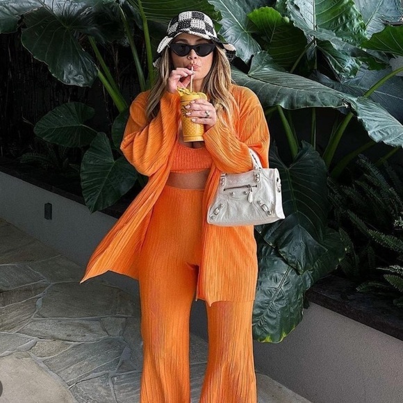 storets Tops - Storets Maria Plisse Set Oversized Shirt and Pants Orange Size S/M